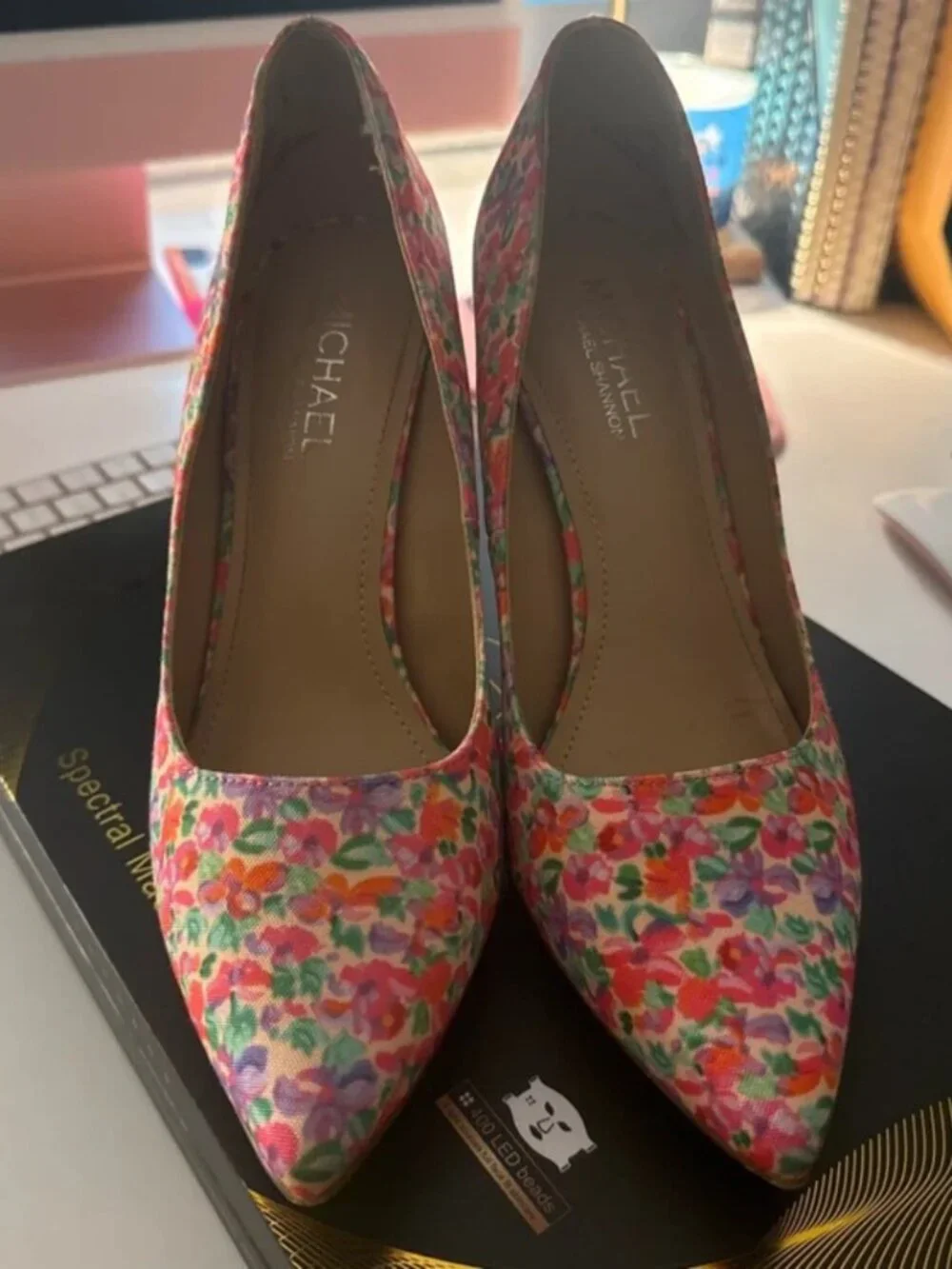 Multi-colored floral print heels